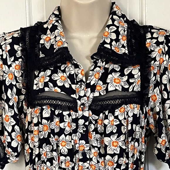 Free People Navy Floral Daisy Lace Collared Short Puffed Sleeve Mini Dress XS - Picture 2 of 15